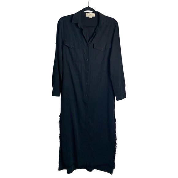 Cloth & Stone Midi Shirt Dress Frayed Hem Pockets Button Up Long Sleeve Black S - Picture 6 of 15